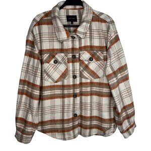 Love Tree Oversized Cozy Beige Orange Plaid Button-Up Shacket Jacket Sz L Gorpco